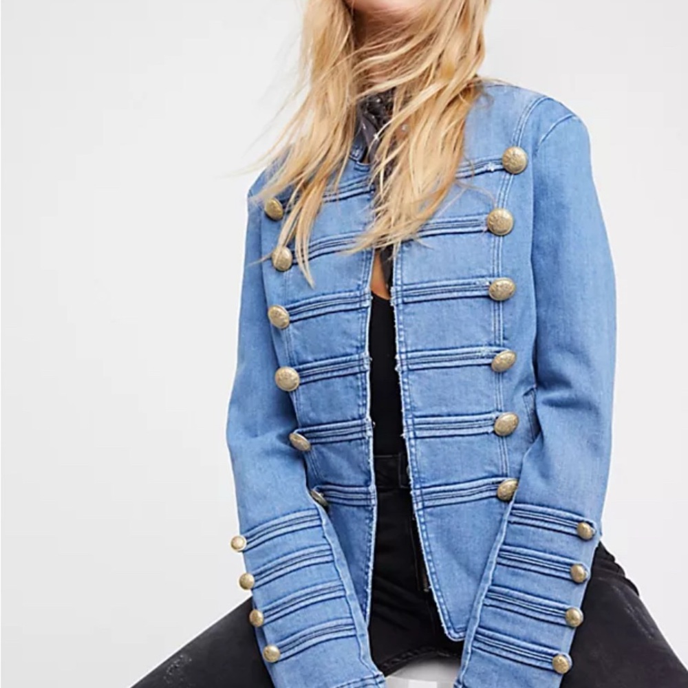 Free People Denim Military Jacket XS NWT Blue Gold Button Cropped Jean Coat